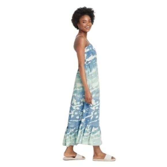 Knox Rose Sleeveless Blue & White Print Tiered Maxi Knit Sun Dress -- Size Small - Picture 2 of 7